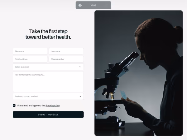 Person looking into a microscope with a health inquiry form on the left side of the screen.