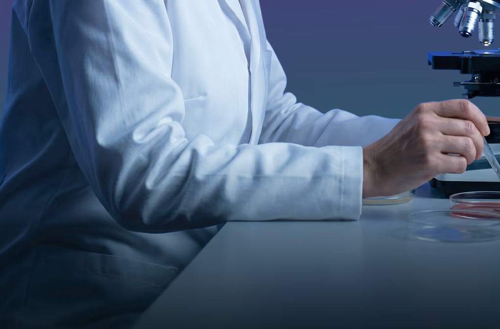 Scientist in white lab coat using a pipette over petri dishes beside a microscope on a table.