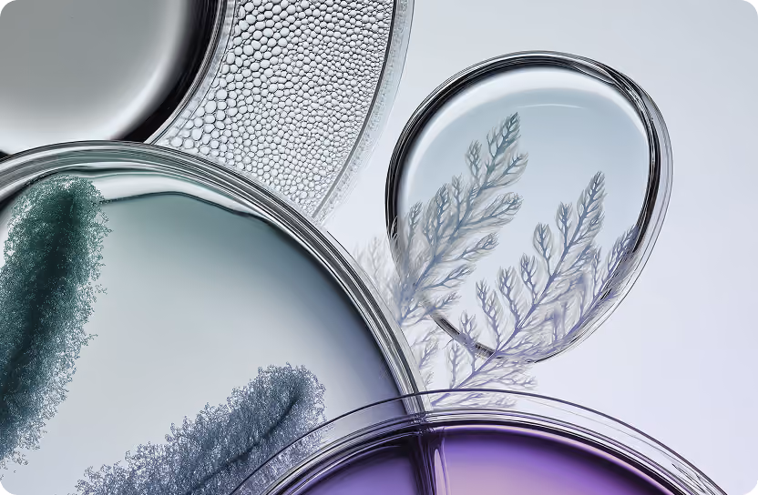 Close-up of clear petri dishes with textured and leafy patterns inside on a light background.