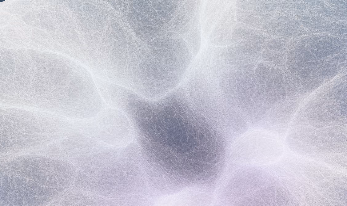 Abstract web of fine white threads forming cloud-like patterns over a soft gray background.