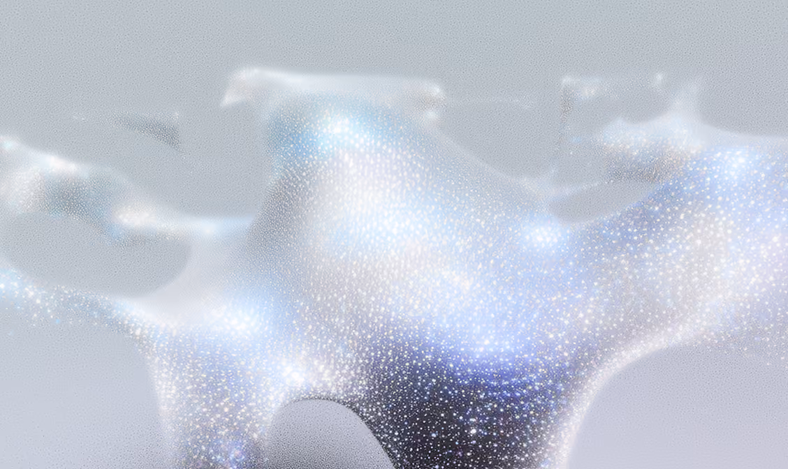 Abstract glowing white and blue particle cloud or wave on a light gray background.
