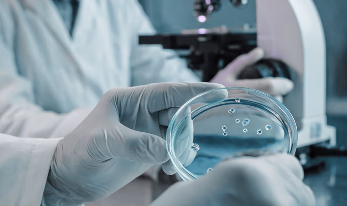 Gloved hands holding a petri dish with liquid droplets in a laboratory setting.