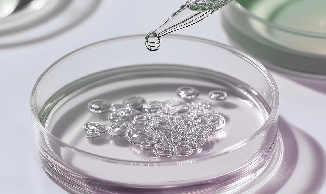 Dropper releasing liquid droplets into a petri dish filled with clear bubbles and liquid.