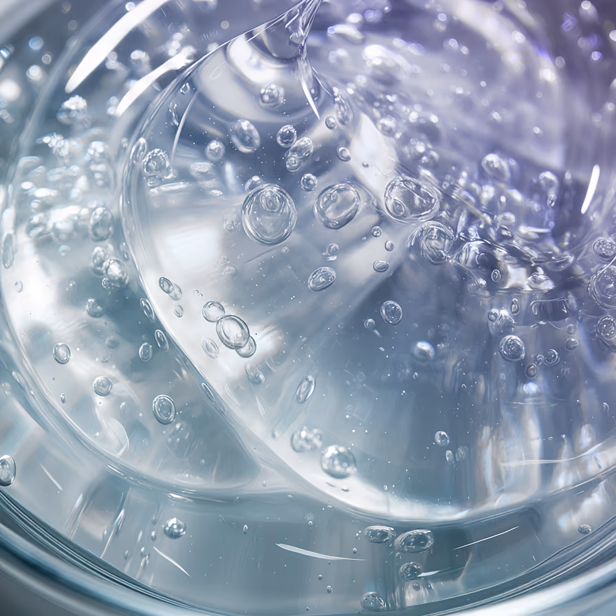 Clear gel with suspended air bubbles in a smooth, glossy texture close-up.