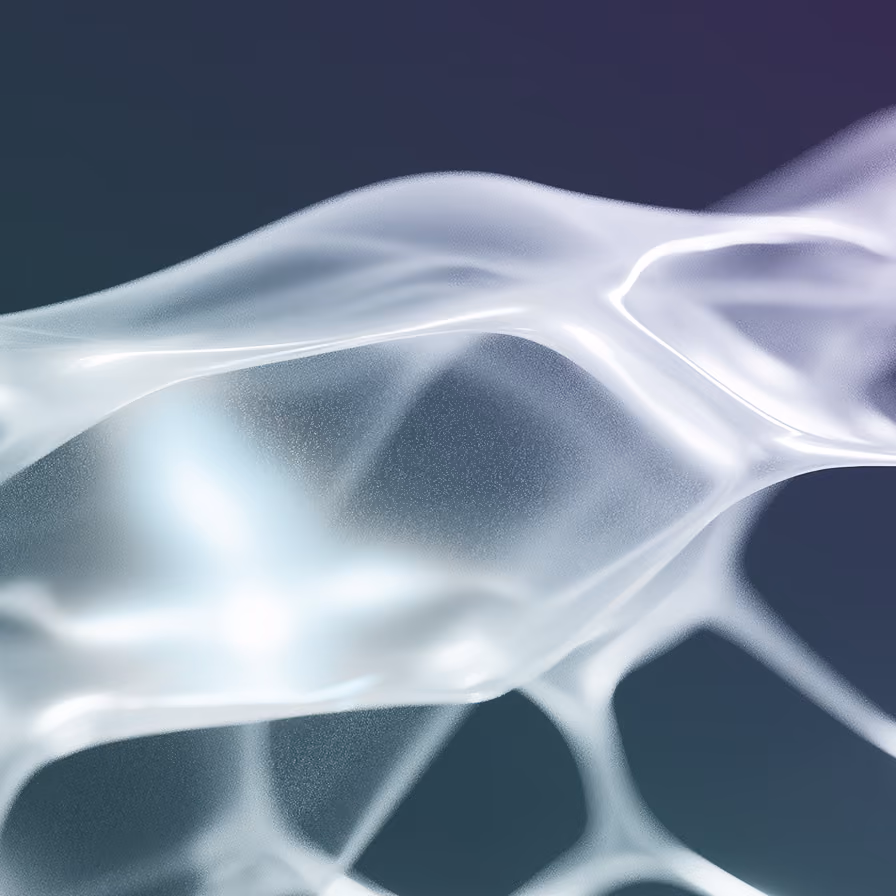 Abstract white translucent flowing wave shapes on a dark blue background.