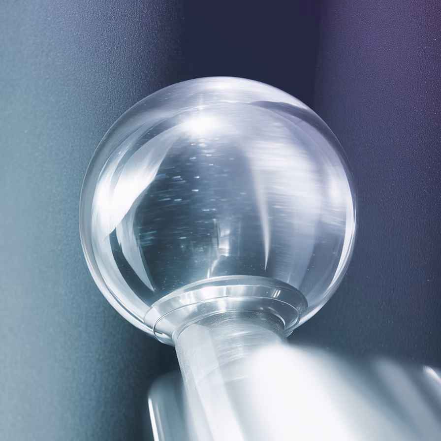 Close-up of a clear glass sphere mounted on a transparent rod against a dark background.