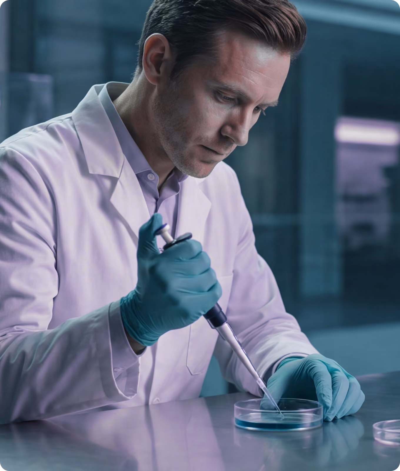 Scientist wearing gloves using a pipette to transfer liquid into a petri dish in a lab.