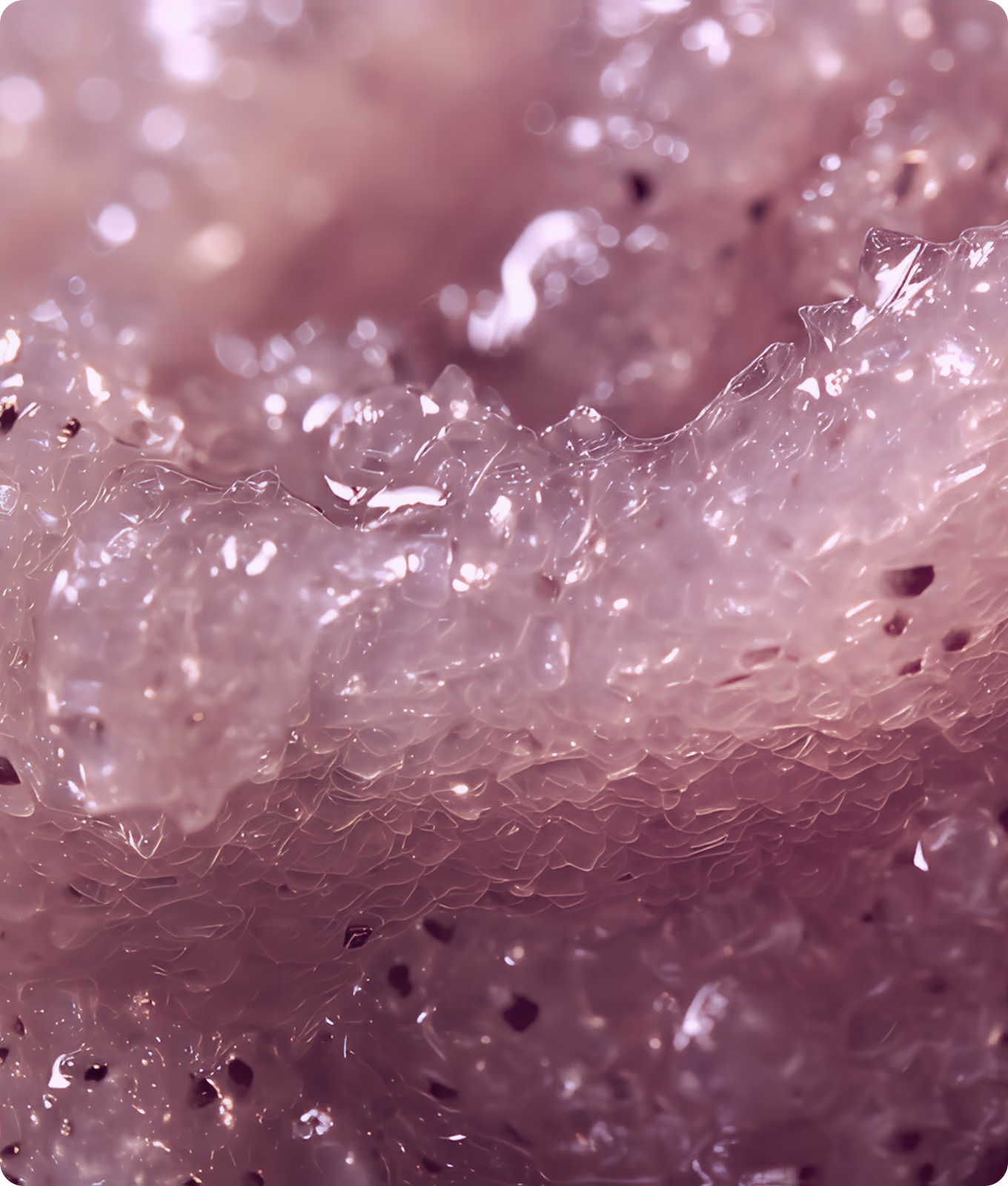 Close-up of purple translucent crystal formations with a sparkling, textured surface.