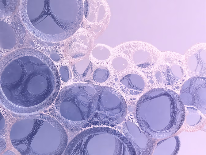 Abstract network of interconnected translucent purple bubbles with a soft gradient background.