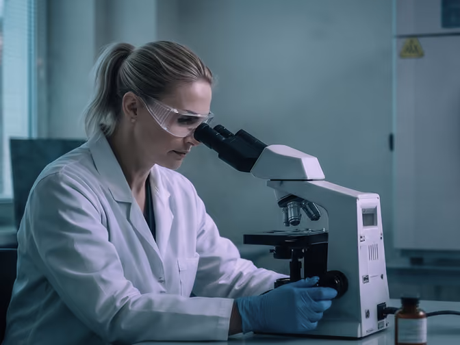 Female scientist wearing gloves and goggles looking through a microscope in a lab.