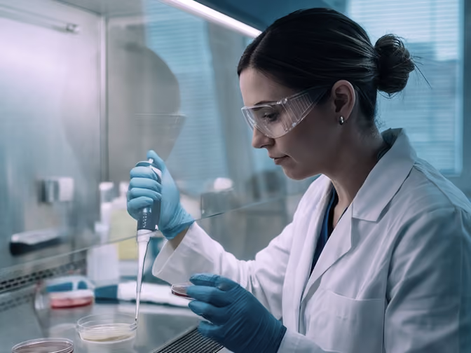 Scientist wearing safety glasses and gloves using pipette to transfer liquid in a petri dish in lab.