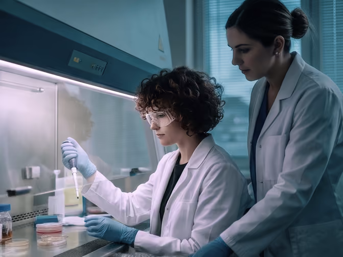 Two female scientists in lab coats and gloves working with a pipette and petri dishes in a lab.
