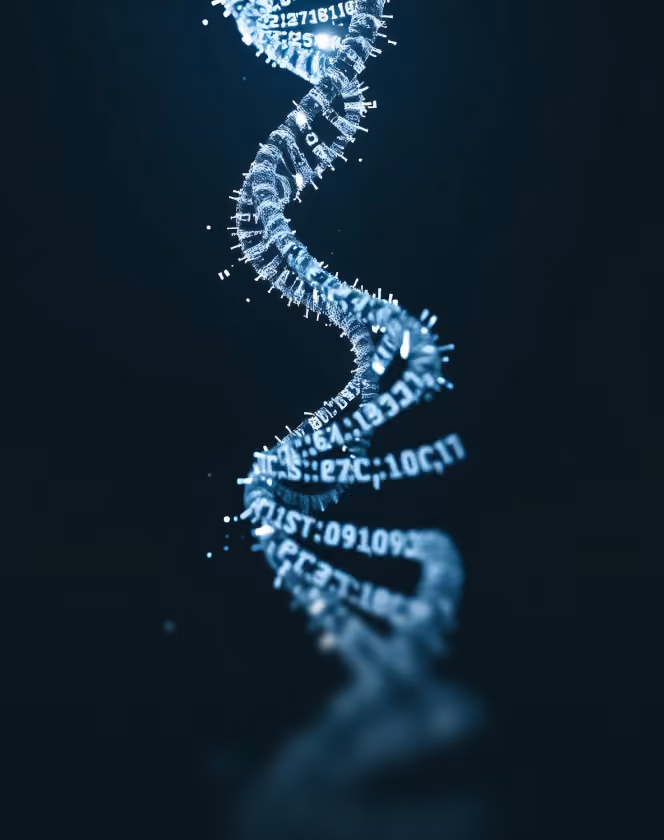 Glowing DNA helix structure with alphanumeric code on a dark background.
