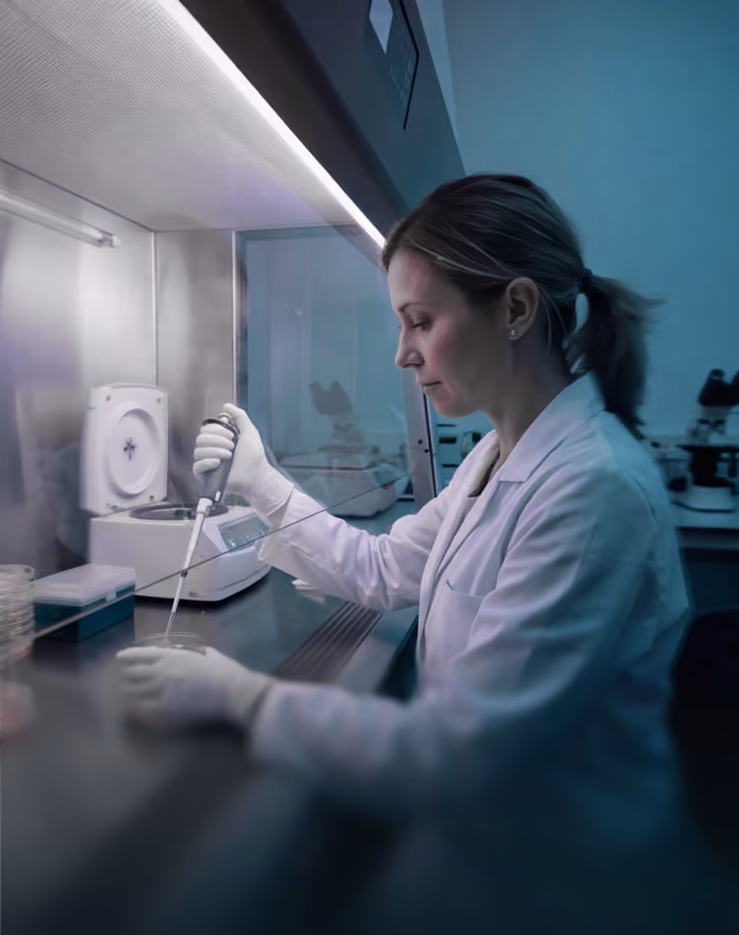 Scientist in lab coat using a pipette to transfer liquid at a laboratory workstation under a hood.