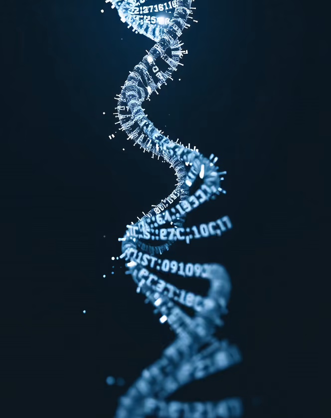 Glowing digital DNA helix composed of alphanumeric codes on a dark background.