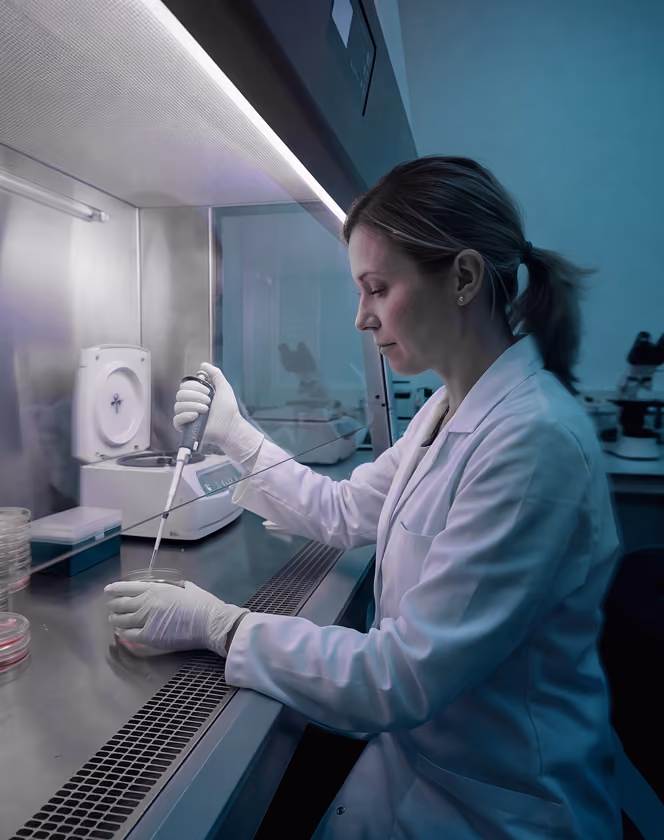 Woman scientist in a lab coat using a pipette to transfer liquid into a petri dish in a lab.