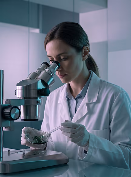 Female scientist in a lab coat using a microscope while handling a petri dish with a spatula.