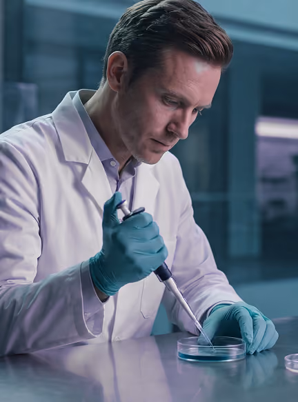 Scientist in lab coat and gloves using a pipette with a petri dish in a laboratory.