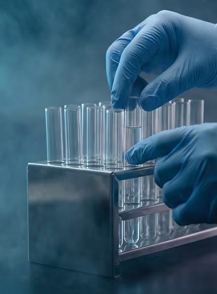 Gloved hands handling glass test tubes in a metal rack in a laboratory setting.