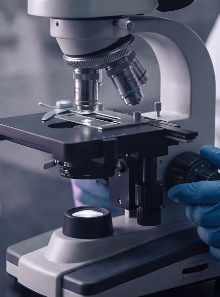 Close-up of gloved hand adjusting a modern microscope with multiple objective lenses.