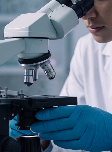 Scientist wearing blue gloves looking through a microscope in a laboratory.