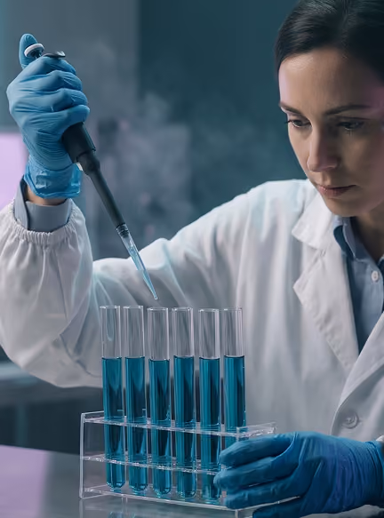 Scientist in white lab coat using a pipette to add blue liquid into test tubes in a rack.