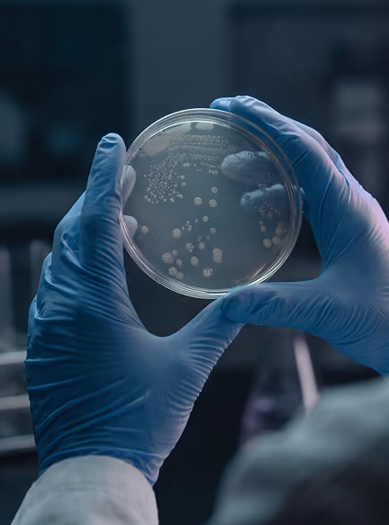 Hands in blue gloves holding a petri dish with bacterial colonies in a lab setting.