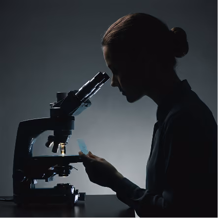 Silhouette of a person looking through a microscope in a dark setting.