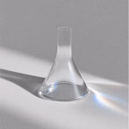 Transparent glass conical flask casting shadows and light reflections on a gray surface.