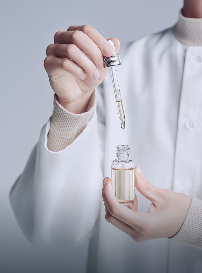 Person in white coat holding a dropper filled with light liquid above a small bottle.