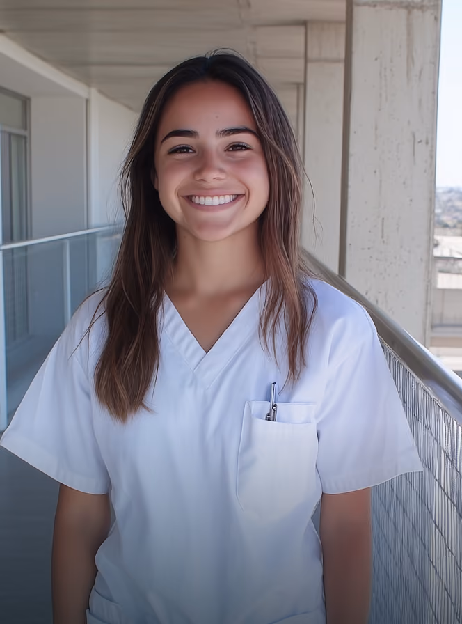 Smiling woman in white medical scrubs standing in a building corridor with a pen in her pocket.
