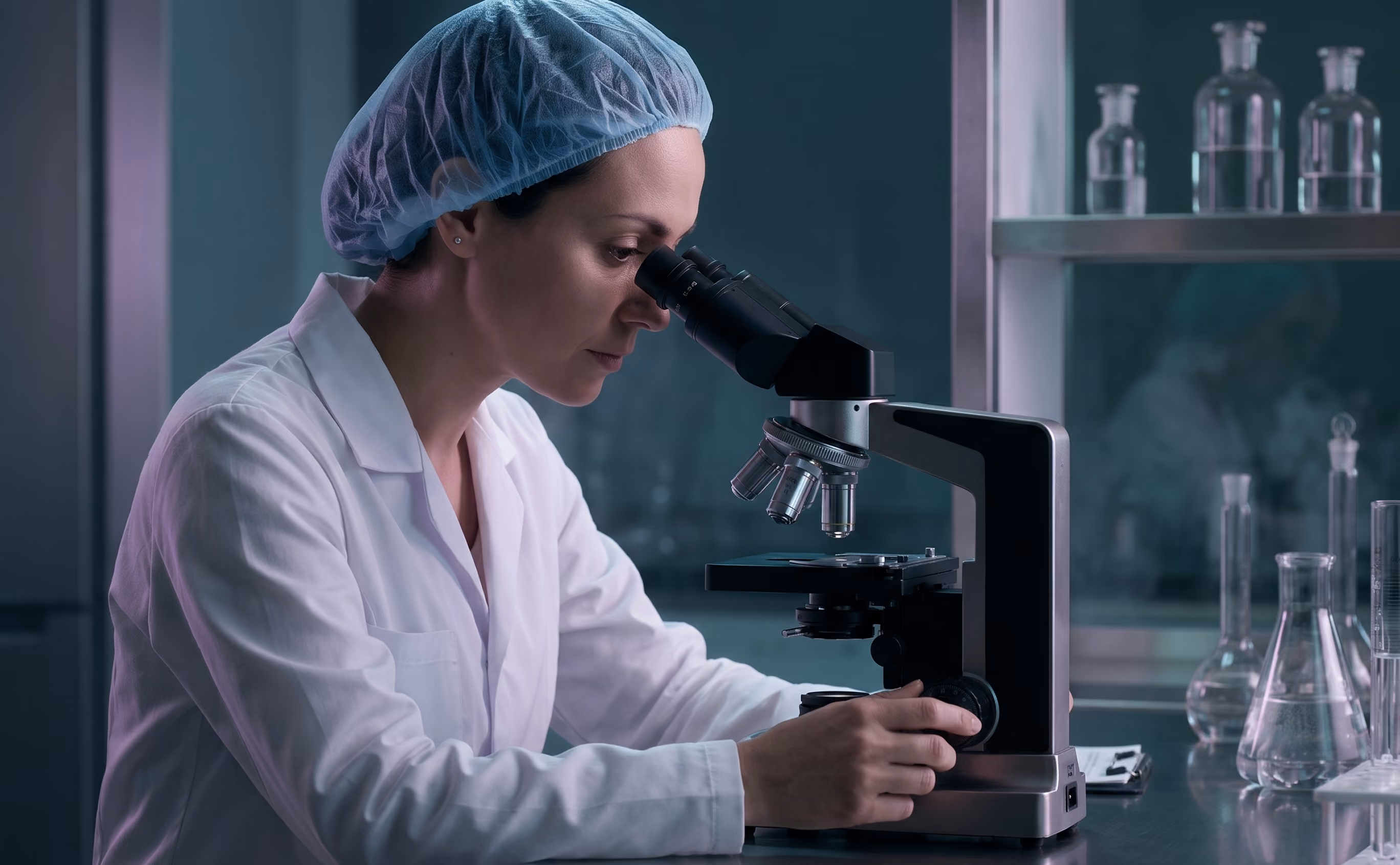Female scientist in lab coat and hairnet examining samples using a microscope in a laboratory.
