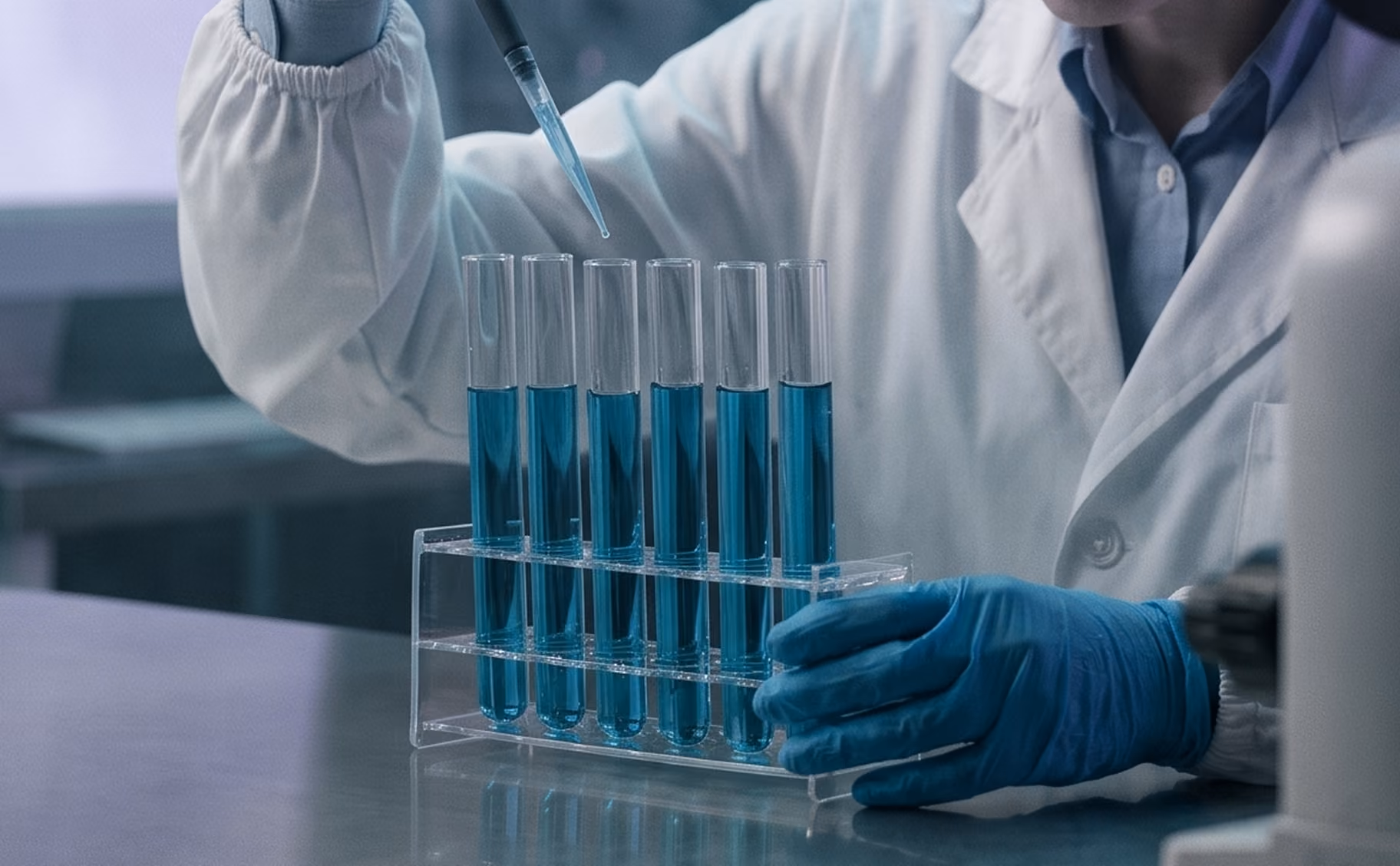Scientist wearing gloves adding liquid with a dropper to test tubes filled with blue liquid.