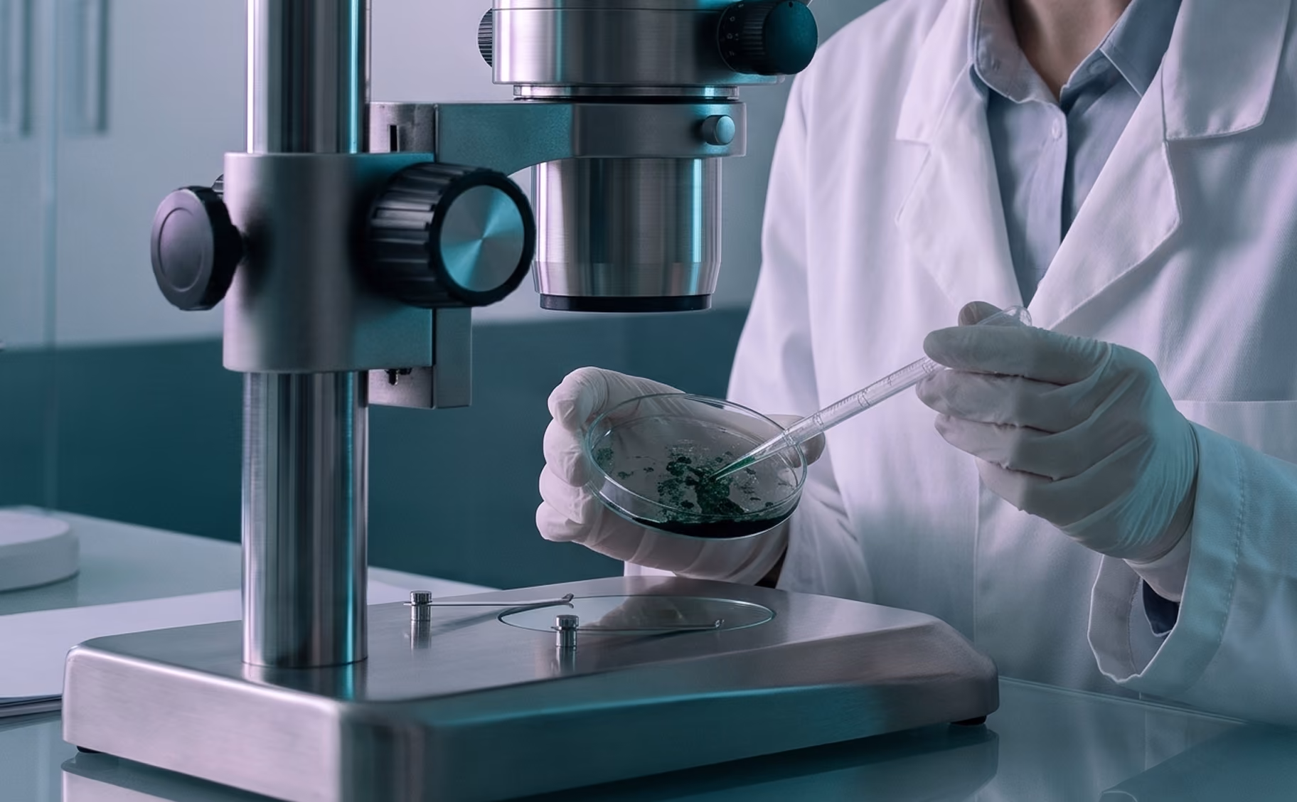 Scientist in gloves using a pipette on a petri dish under a metal microscope in a lab.
