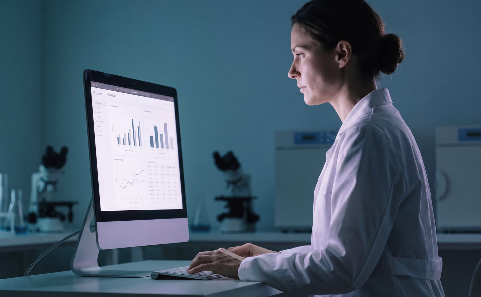 Scientist in a lab coat analyzing data charts on a desktop computer in a laboratory.