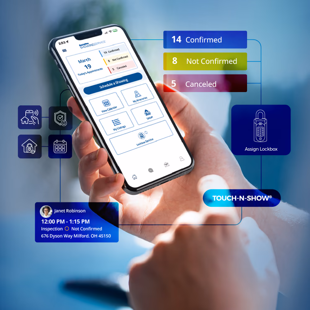 A real estate agent using the SentriKey Showing Service app on a smartphone.