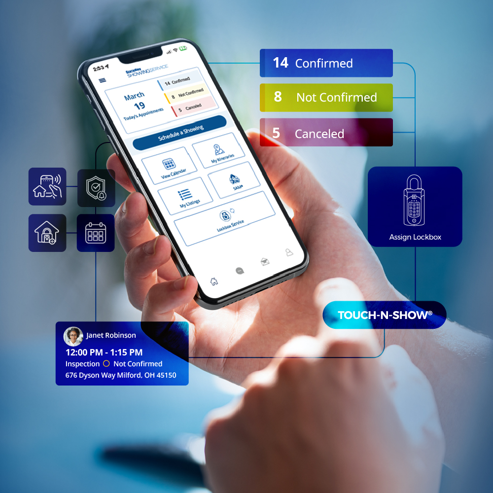 A real estate agent using the SentriKey Showing Service app on a smartphone.