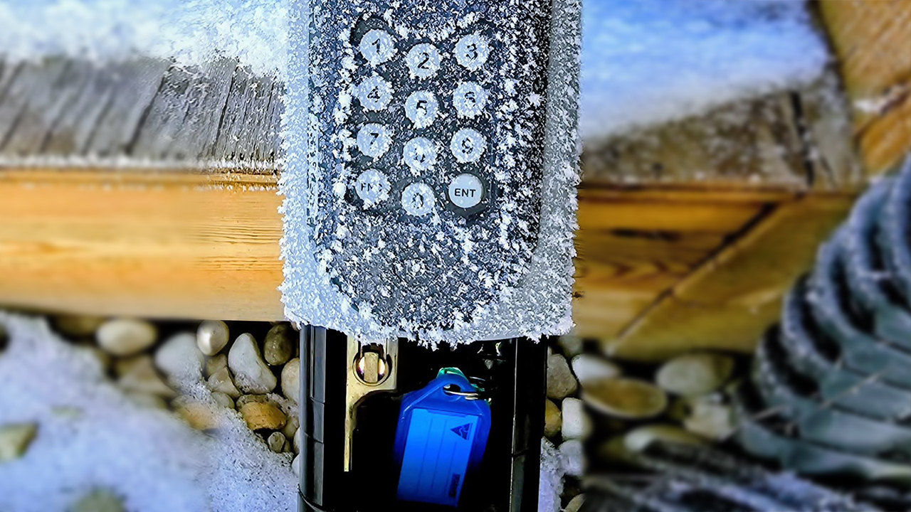 A SentriGuard lockbox frozen over in ice, but still functioning.