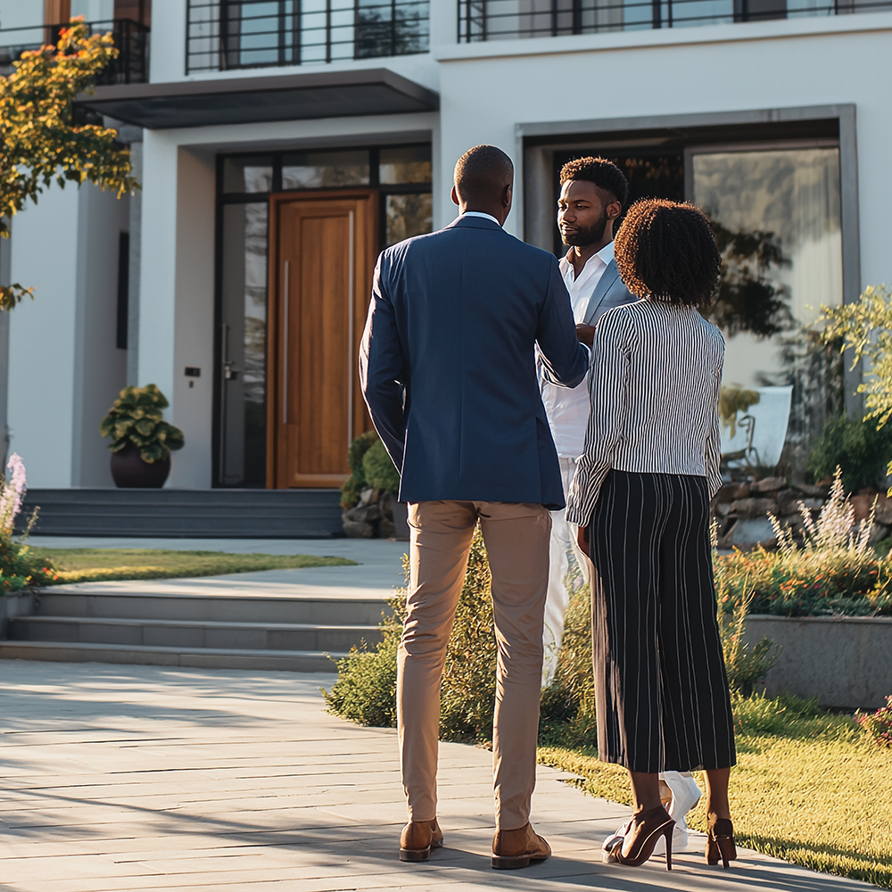A real estate agent meeting with a client outside a home.