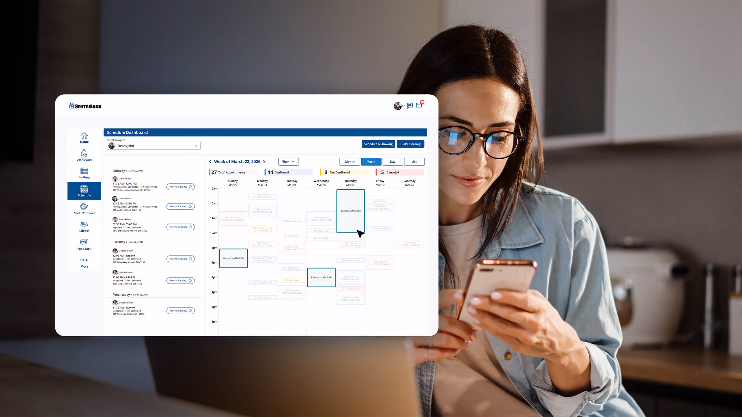 A real estate agent creating an itinerary for their day from their phone.