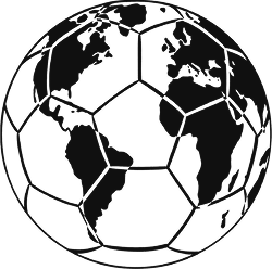 A black and white illustration combining a soccer ball pattern with a world map showing continents.
