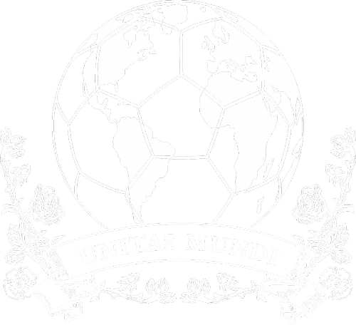 Black and white globe designed like a soccer ball with a floral banner reading 'UNITAS MUNDI'.