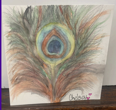Student artwork of a peacock feather painted by Chelsey