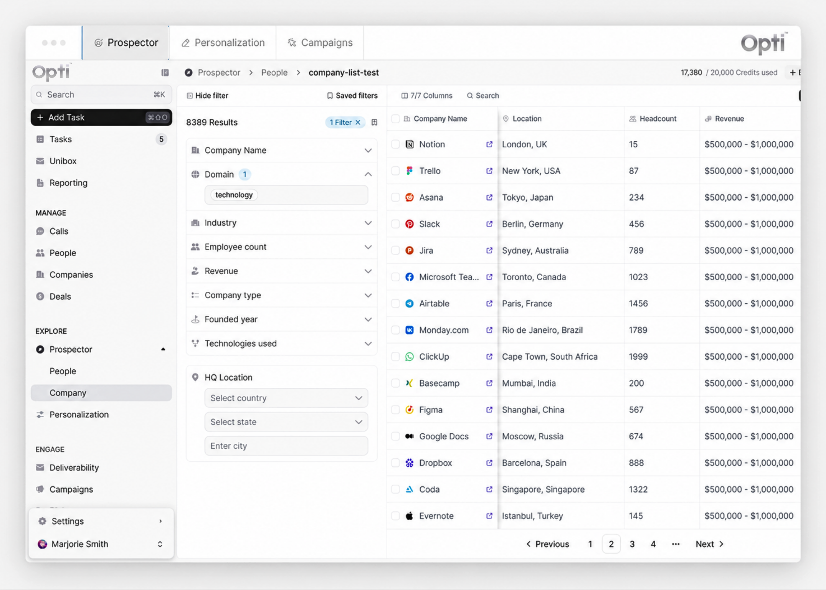 Opti Prospector dashboard