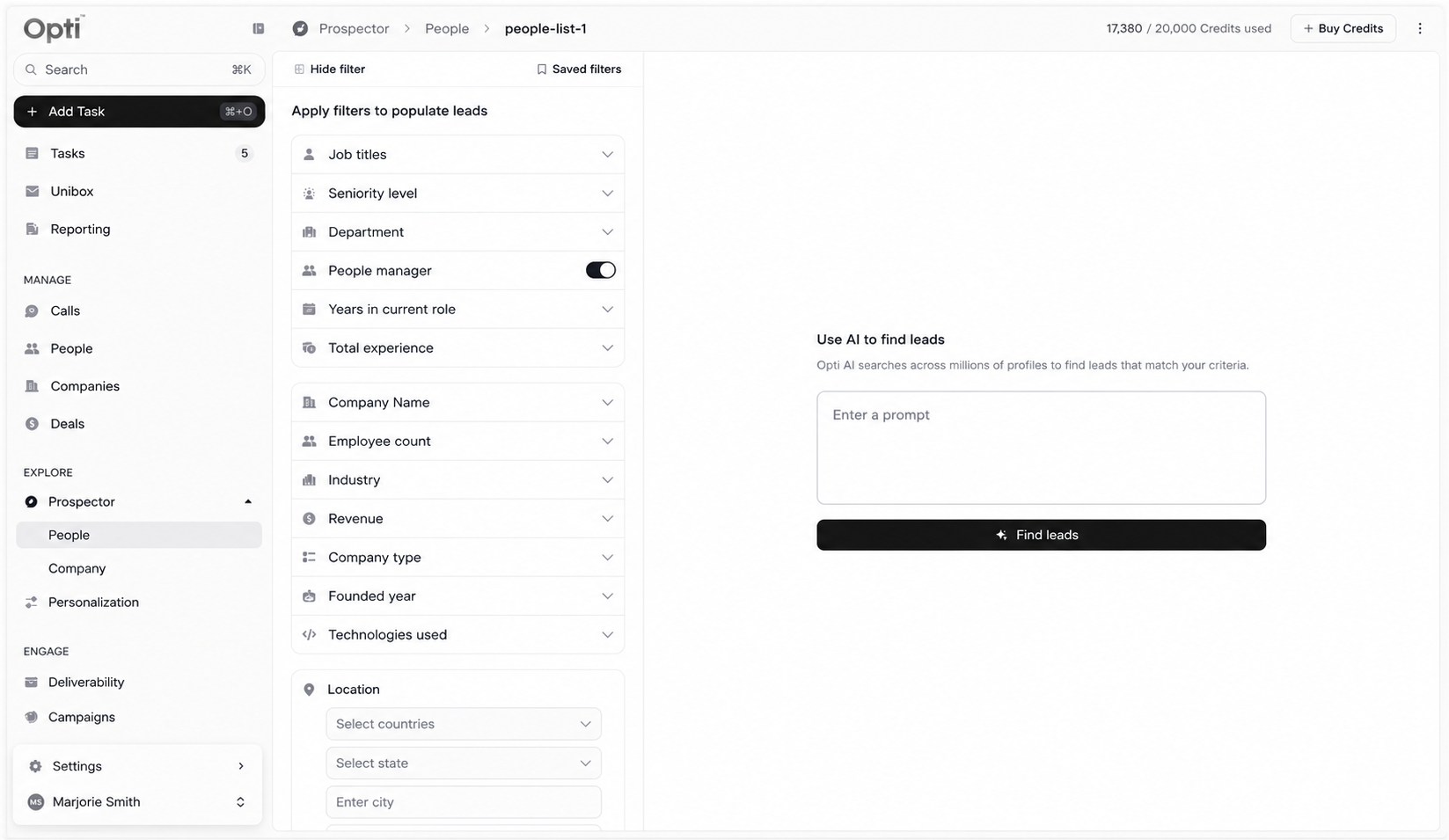 Opti Prospector dashboard
