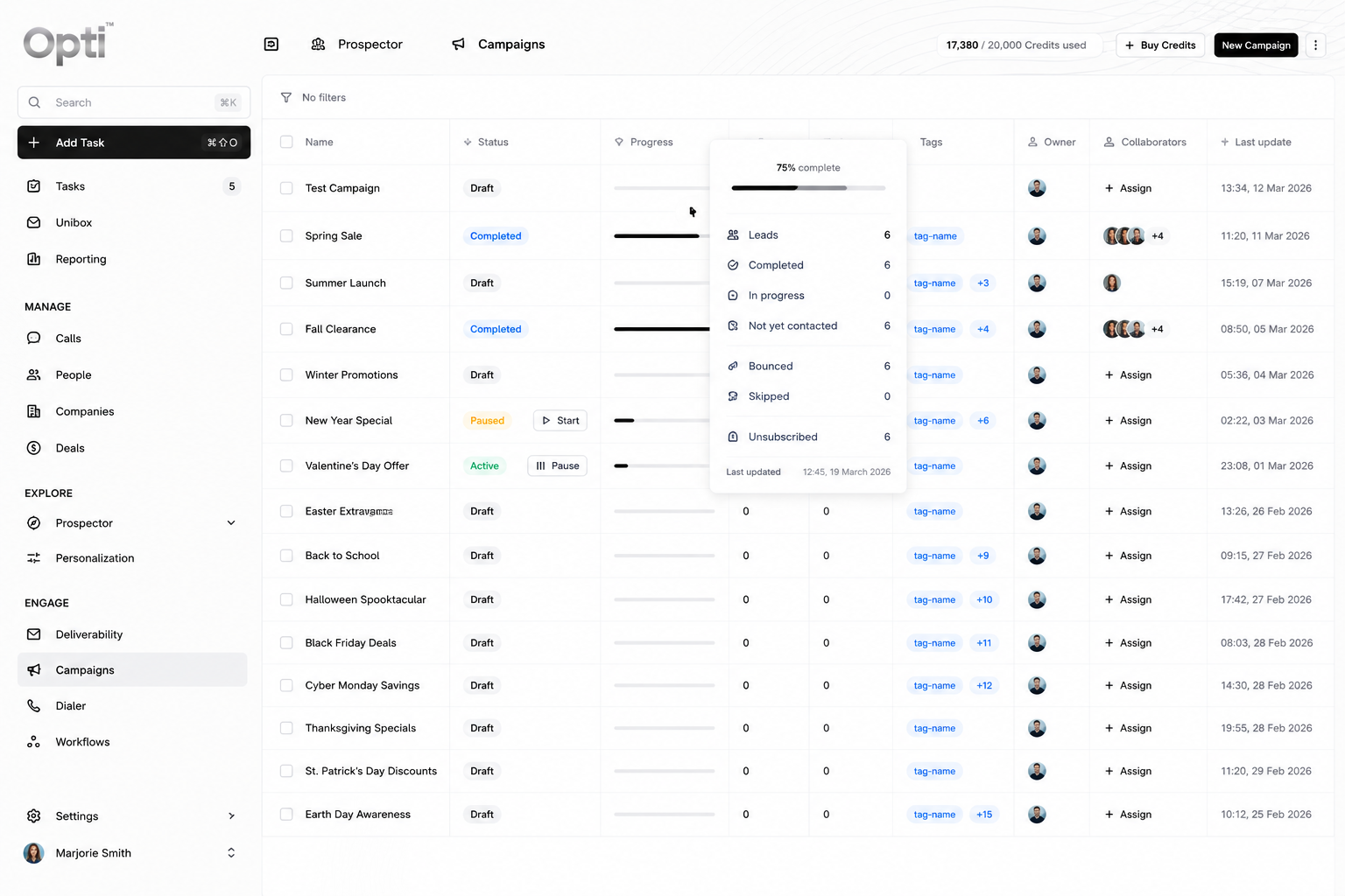 Opti Prospector dashboard