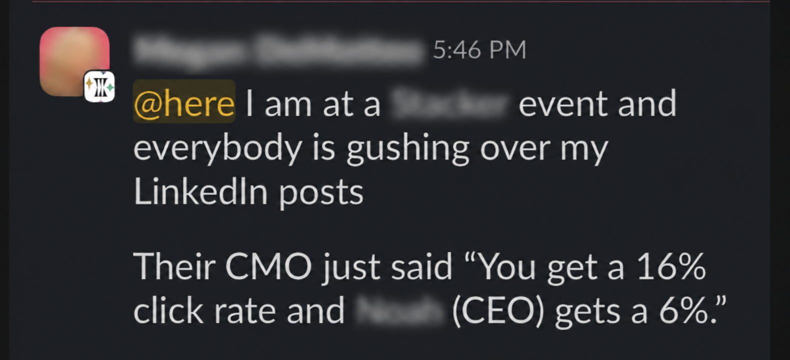 Client message reporting a 16 percent LinkedIn click rate