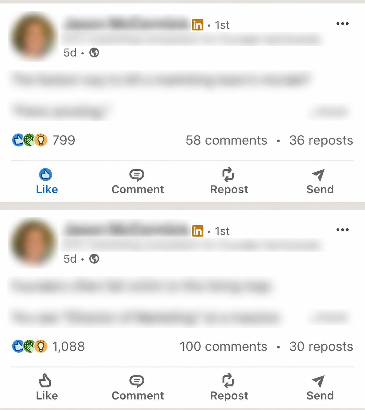 Two LinkedIn posts receiving thousands of combined reactions