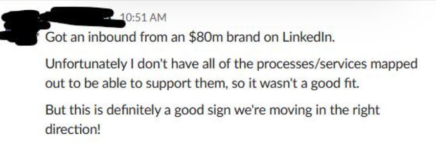 Client message reporting an inbound lead from an $80 million CPG brand on LinkedIn