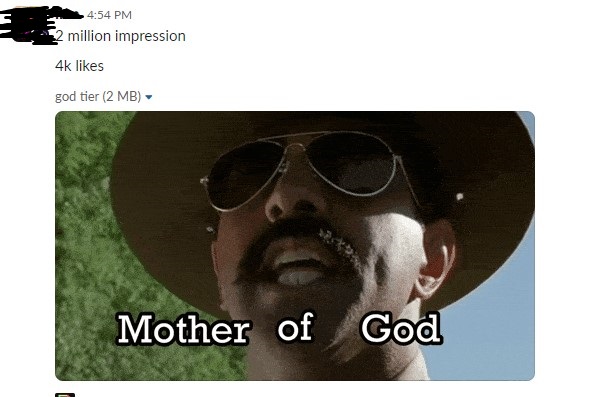 Client message reporting two million impressions and four thousand likes on a LinkedIn post